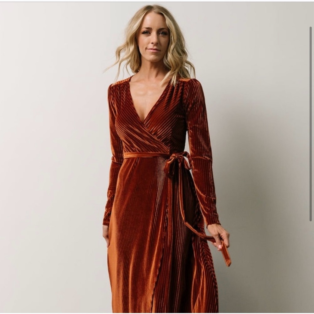 Baltic Born Jada Ribbed velvet wrap dress long sleeves